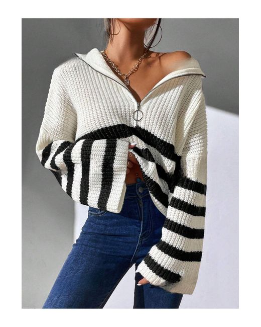 Know Blue Schwarz Gestreifter Weißer Strickpullover – Halber Reißverschluss, Schulterfrei Für Damen