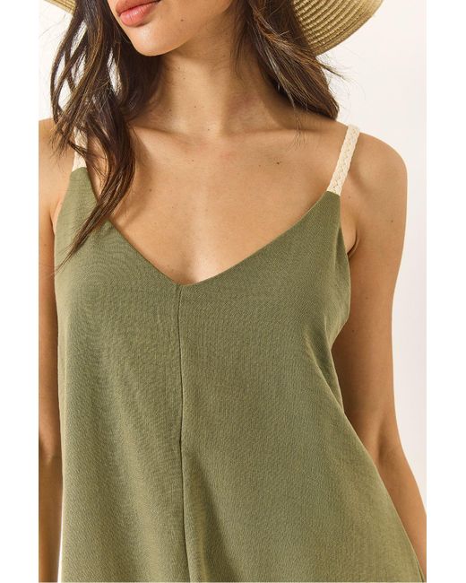 Bianco Lucci Green Freizeitkleid Aus Leinen Mit Gestrickten Trägern Und Asymmetrischem Rock 5937 Für Damen