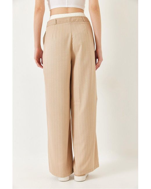 Bianco Lucci Natural Gestreifte, Gewebte Hose Mit Kontrastierender Taille Für Damen