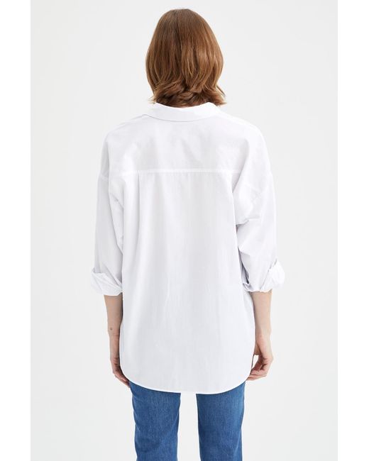 Defacto White Langärmliges popeline-hemd – übergroßer kragen, 100 % baumwolle