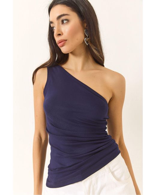 Bianco Lucci Blue Bluse Aus Dehnbarer Viskose Mit Drapiertem Detail Und Einer Schulterpartie Mit Weichem Touch 4013 Für Damen