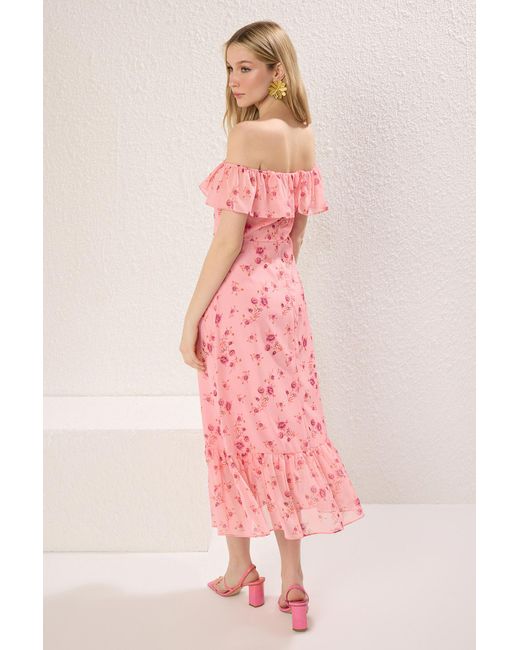Trendyol Pink Rock Mit Blumenmuster, Gewelltes Midi-Kleid Mit Gewellter Taille Und Gewellter Taille Für Damen