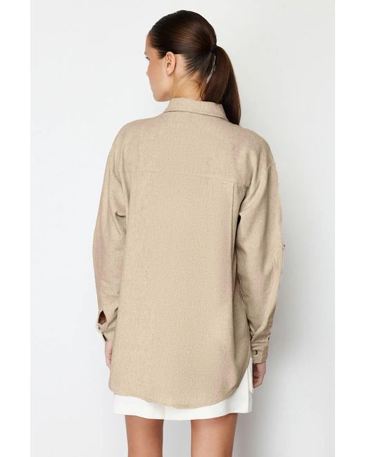 Trendyol White Beiges, Kurzärmliges, Übergroßes Hemd Aus Gewebtem Baumwollleinen Für Damen