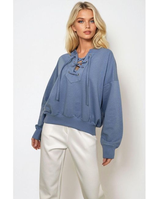 Trend Alaçatı Stili Blue Himmelblaues Oversize-Sweatshirt – Schnürung, Für Damen