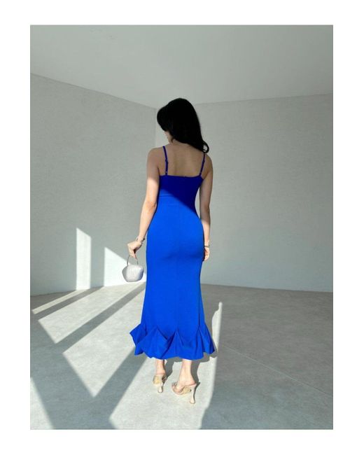 Afiş Butik Blue Asymmetrisch Geschnittenes Midikleid – Gebogener Saum Für Damen