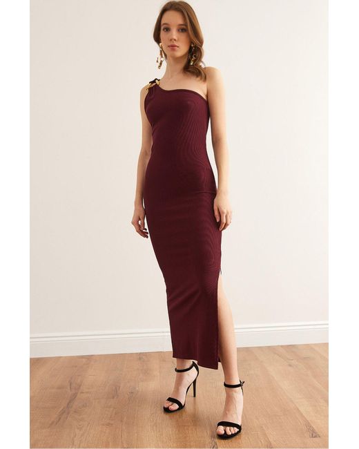 Olalook Red Burgunderrotes One-Shoulder-Midikleid Mit Accessoire Und Detailliertem Cord Elb- 19002351 Für Damen