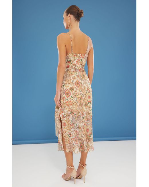 Trendyol Blue Beigefarbenes, Mit Chiffon Geflochtenes Kleid Mit Ethnischem Muster Und Schärpe, A-Linie, Quasten-Detail, Maxi-Futter, Für Damen