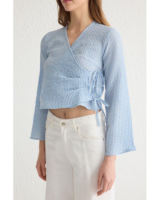 Trendyol Blue Blaue Seersucker-Baumwoll-Webbluse Für Damen