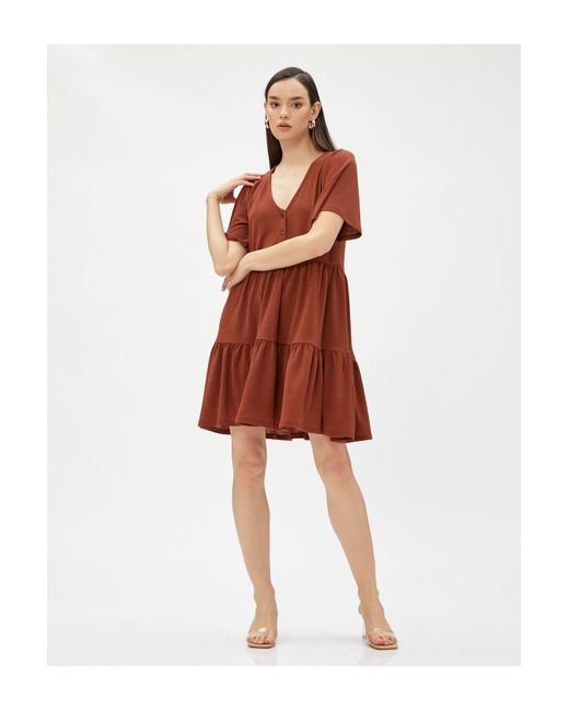 Koton Red Mehrlagiges Kurzes Kleid Mit V-Ausschnitt Und Kurzen Ärmeln Für Damen