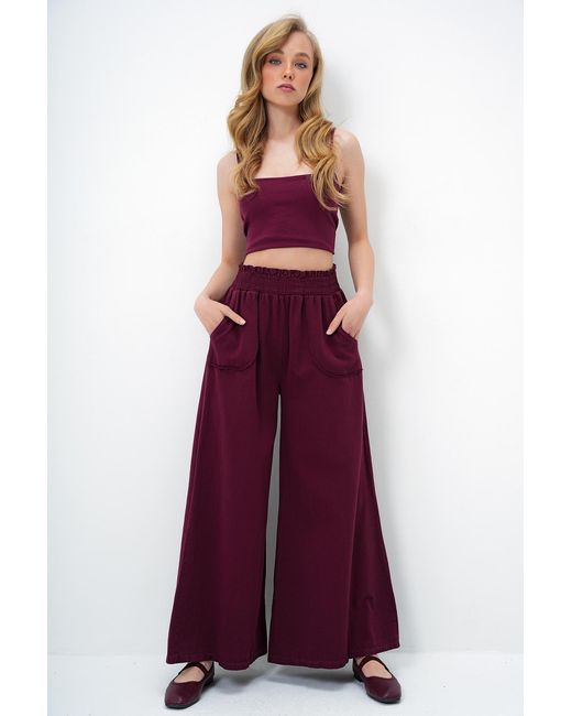 Trend Alaçatı Stili Purple Burgunderrote Gabardine-Hose Mit Taillenband Und Doppelter Tasche Und Weitem Bein Für Damen