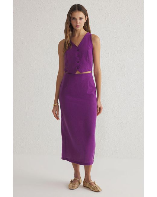Trendyol Purple A-Linie Weste Form Leinen Look Midi Gewebtes Kleid Für Damen