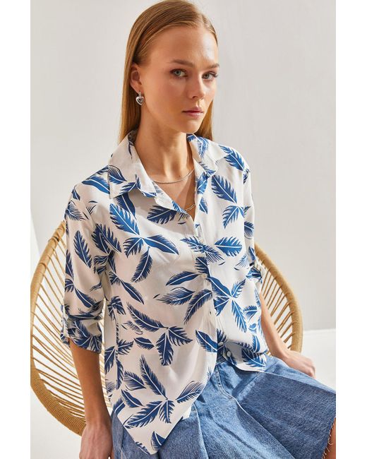 Bianco Lucci Blue Gemustertes Viskosehemd Mit Gefalteten Ärmeln Für Damen