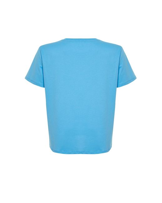 Trendyol Blue Es boyfriend-strick-t-shirt mit slogan-print