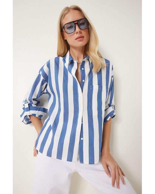 Happiness İstanbul Blue Hemd Mit Knochen-Indigoblau-Streifen, Gewebt, Für Damen