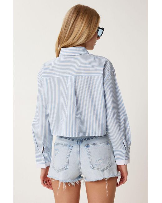 Happiness İstanbul Blue Himmelblaues, Kontrastierendes, Gestreiftes, Gewebtes Hemd Für Damen