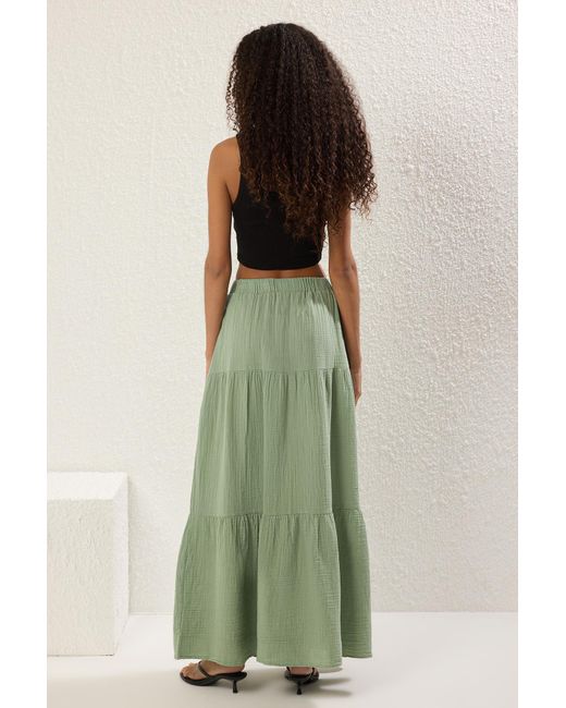 Trendyol Green Hellkhakifarbener Langer Maxirock Aus 100 Baumwoll-Musselin Für Damen
