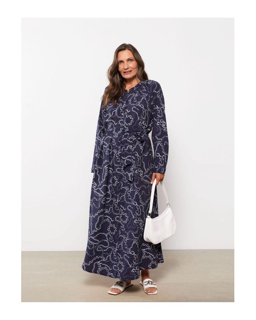 LC Waikiki Blue Gemustertes, Langärmliges Kleid Mit Rundhalsausschnitt Für Damen