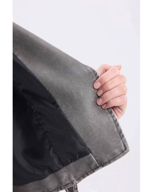 Defacto Gray Relaxed Fit Kunstlederjacke – Zweireihiges Revers Mit Gürtel Und Reißverschluss Für Damen