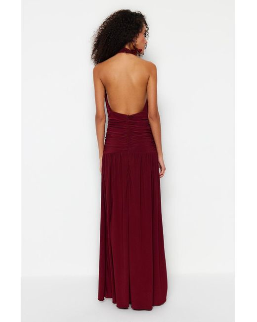 Trendyol Red Burgunderrotes Langes Abendkleid Aus Strick Für Damen