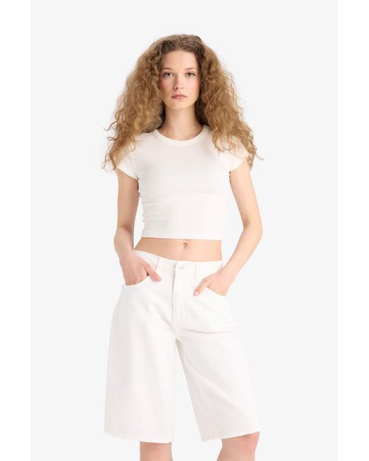 Defacto White Weiße Jean-Bermudashorts Mit Hoher Taille Für Damen