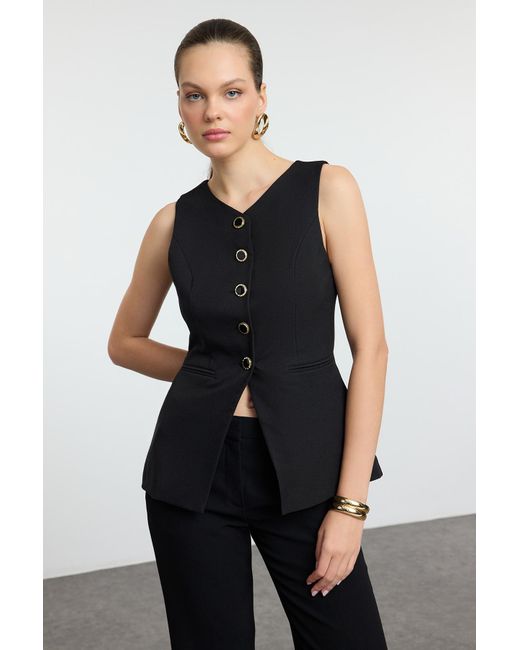 Trendyol Black Schwarze Gewebte Weste Mit Rundhalsausschnitt