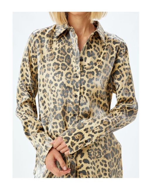 Koton White Langärmliges Hemd Aus Satin Mit Leopardenmuster Und Normaler Passform Für Damen