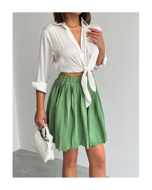 BEJNA Green Grüner, Strukturierter, Plissierter Minirock Aus Modal Mit Shorts Für Damen