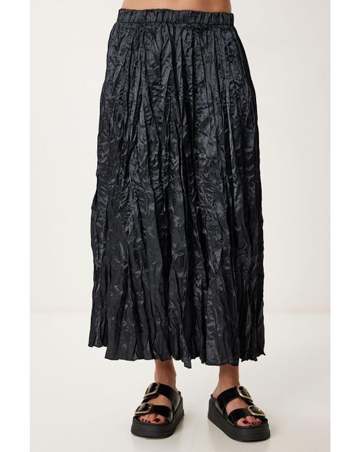 Happiness İstanbul Blue Schwarzer Midi-Satinrock Mit Crinkle-Effekt Für Damen