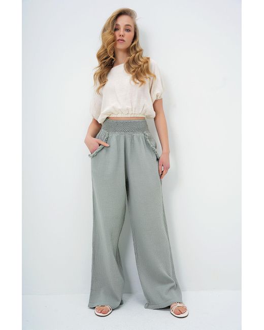 Trend Alaçatı Stili Green Hose Aus Musselin Mit Doppelter Tasche Und Taille, Gestrickt, Türkischer Name, Für Damen