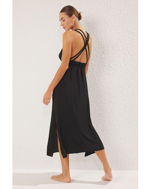 Trendyol White Schwarzes, Gewebtes Strandkleid Mit Maxi-Schärpe – 100 Baumwolle Für Damen