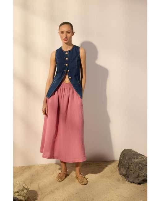 Trendyol Pink Dusty Rose 100 Leinen-Midirock Mit Elastischem Bund Für Damen