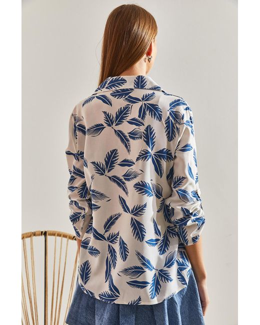 Bianco Lucci Blue Gemustertes Viskosehemd Mit Gefalteten Ärmeln Für Damen