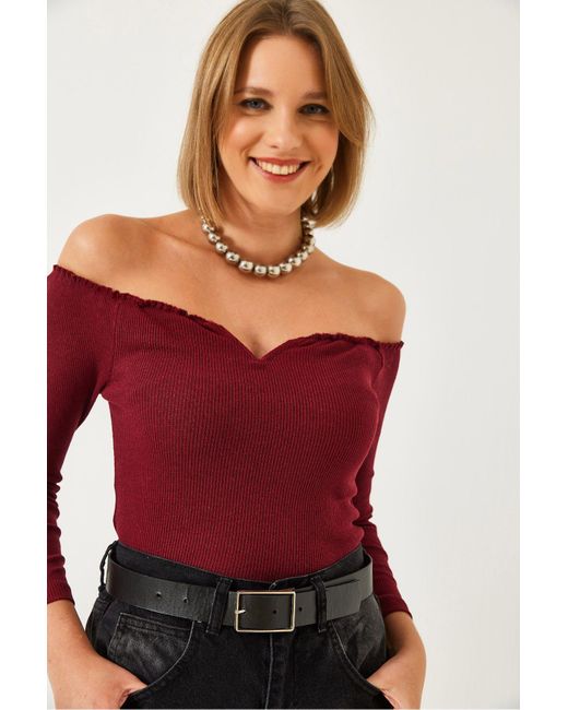 Bianco Lucci Red Crop-Strickbluse Mit Gerafftem Ausschnitt Für Damen