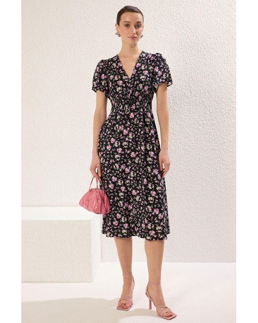 Trendyol Black Viskose-Midi-Webkleid Mit Mehrfarbigem Saum An Der Taille Für Damen