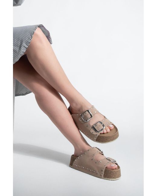 Marjin Natural Hausschuhe Aus Echtem Leder Mit Stein-Doppelband Und Kork-High-Sohle, Tusila, Wildleder Für Damen