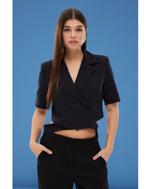 Trendyol Blue Schwarze Zweireihige Crop-Web-Blazerjacke Für Damen