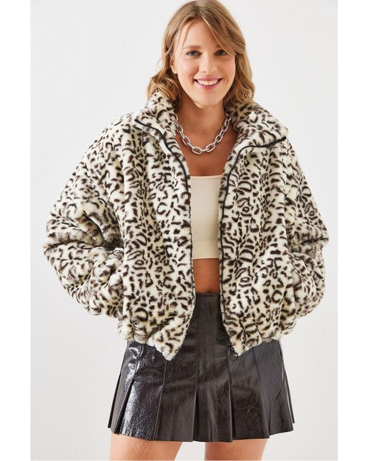 Bianco Lucci Natural Mantel Aus Kunstfell Mit Leopardenmuster – 2426 Für Damen