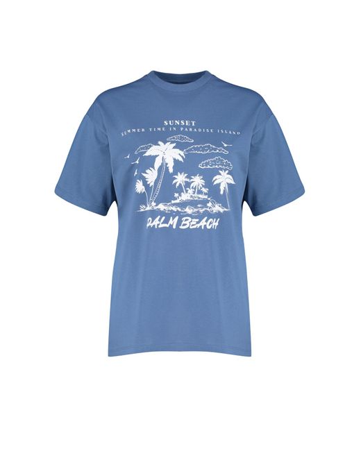 Trendyol Blue Indigoes, übergroßes/weites strick-t-shirt mit rundhalsausschnitt und querformat-aufdruck