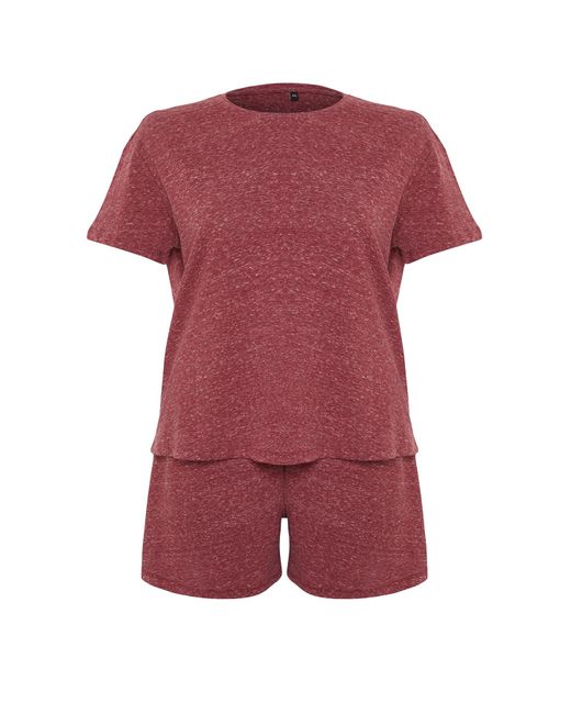 Trendyol Red Weinrot meliertes strick-pyjama-set mit rundhalsausschnitt