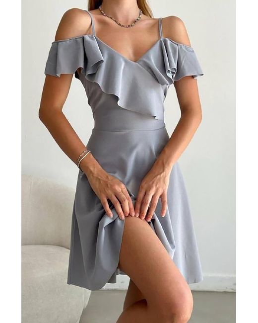 Deafox Black Graues, Schulterfreies Kleid Aus Kreppstoff Mit Rüschen Für Damen