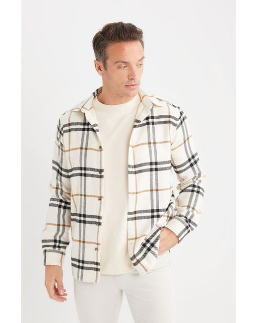 Defacto Kariertes Baumwoll-Langarmshirt Mit Normaler Passform Und Polokragen Für Herren in Natural für Herren