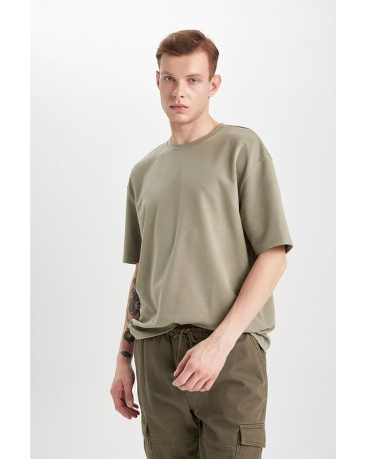 Defacto Green Kurzarm-basic-t-shirt aus schwerem stoff mit rundhalsausschnitt in oversize-passform x3926az24sp - l