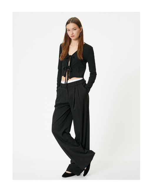 Koton Black Bluse Mit Schleife, Langen Ärmeln, V-Ausschnitt, Viskosestoff Für Damen