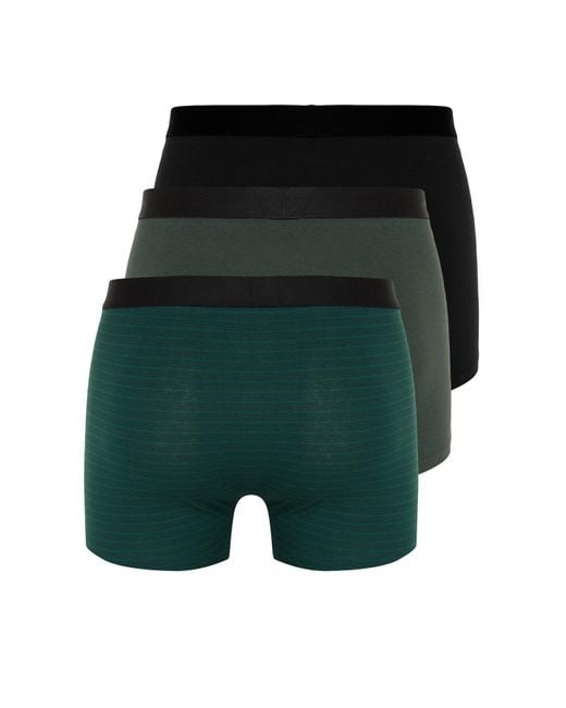 Trendyol 3er-pack boxershorts aus grün-schwarz gestreifter und unifarbener baumwollmischung in Green für Herren