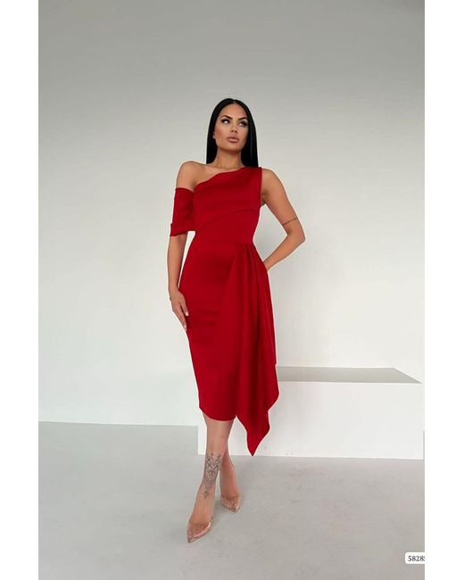 Deafox Red Rotes, Einschultriges Midi-Designerkleid Aus Scuba-Stoff Für Damen