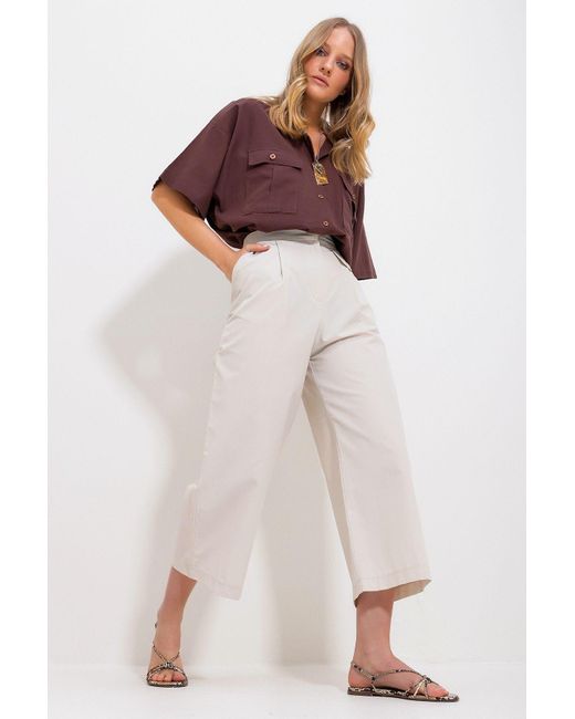 Trend Alaçatı Stili Gray Palazzo-Gewebte Hose Mit Zwei Taschen