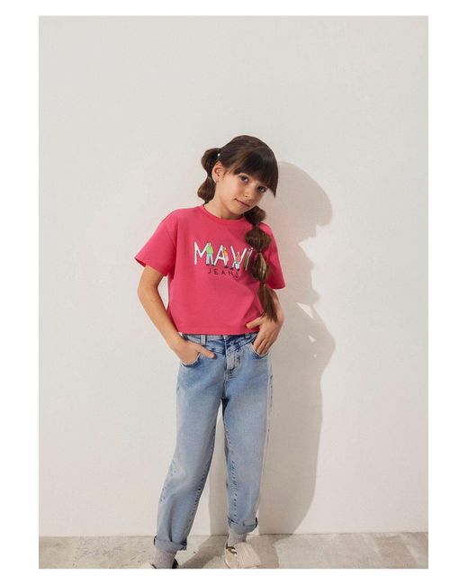 Mavi Pink T-Shirt Mit Jeans-Print, Lockere Passform Lockere, Entspannte Passform -71111 Für Damen