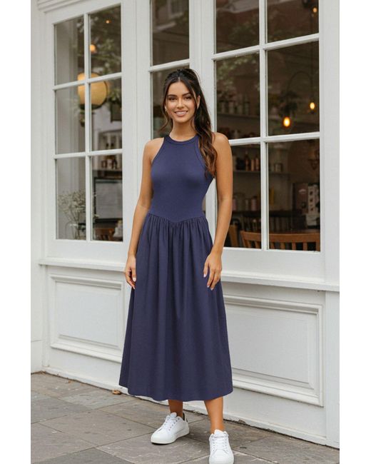 Trendyol Blue Dehnbares, Geripptes, Marineblaues Maxikleid Mit Neckholder – Skater Für Damen