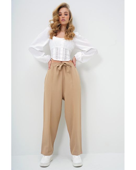 Trend Alaçatı Stili Natural Beigefarbene Palazzo-Pantalon Aus Leinen Mit Hoher Taille Und Doppelten Taschen Für Damen