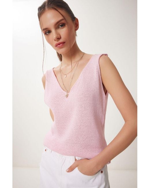 Happiness İstanbul Pink Sommer-Strickbluse Mit V-Ausschnitt Für Damen